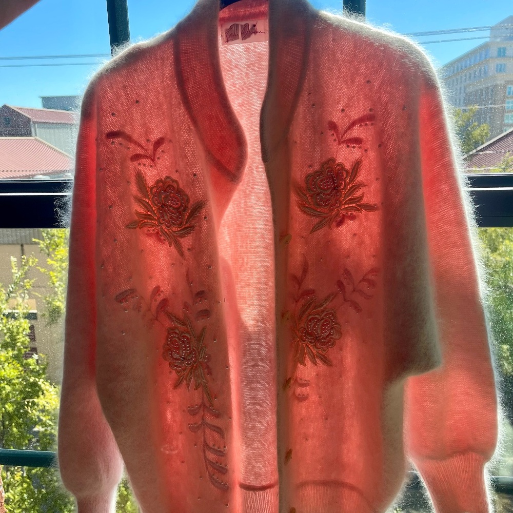 70's Vintage Embroidered and Beaded Cardigan, Angora Rabbit.
